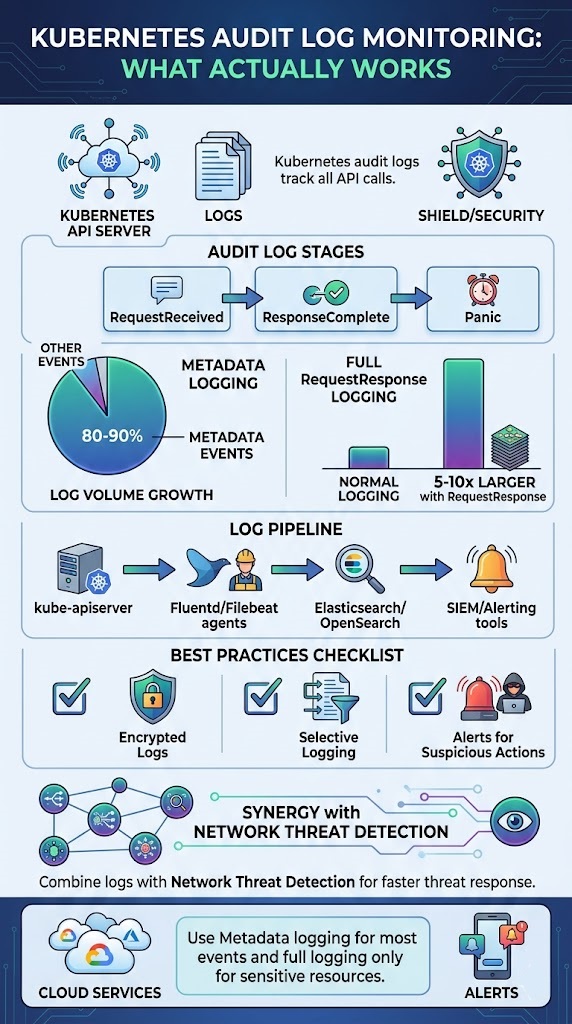 kubernetes audit log monitoring infographic showing stages pipeline best practices and log volume insights