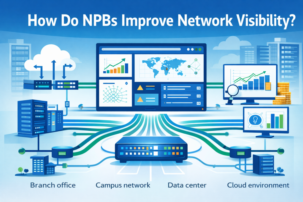 Network packet broker benefits illustrated with centralized monitoring across multiple network environments