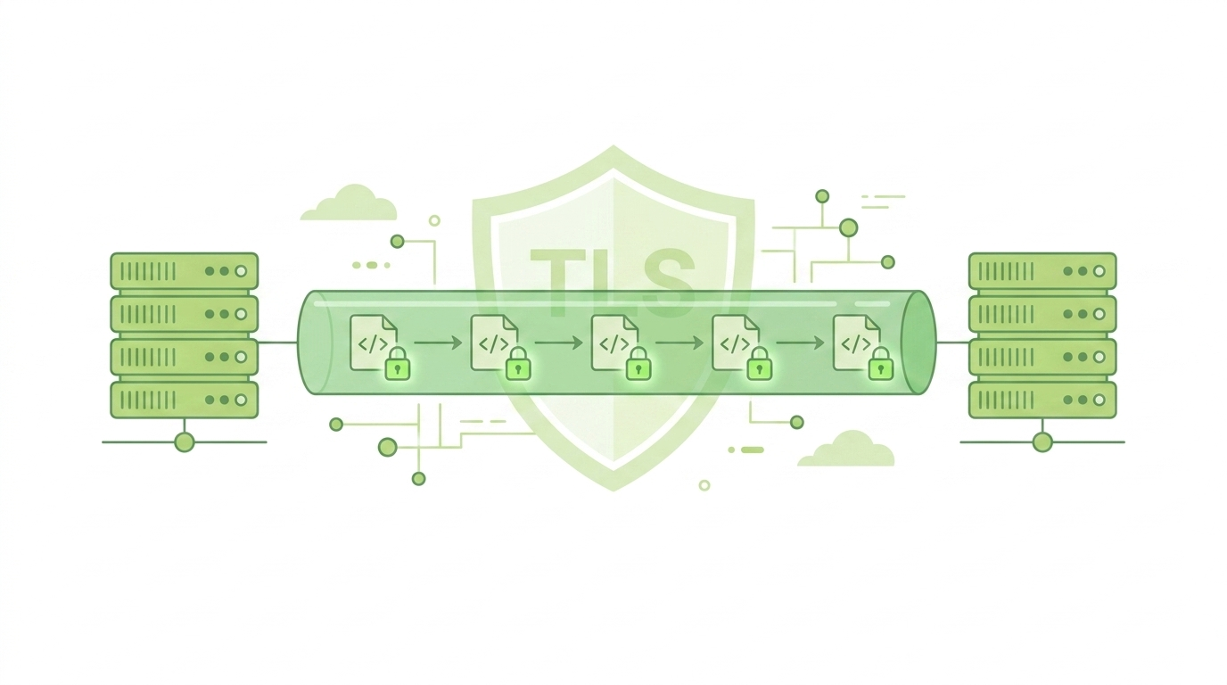Visual flow of an unsecured document becoming encrypted via a TLS shield for securing syslog communication tls. 