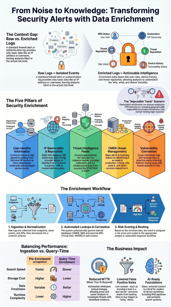 Data enrichment for contextual analysis infographic showing security workflows and threat investigation context