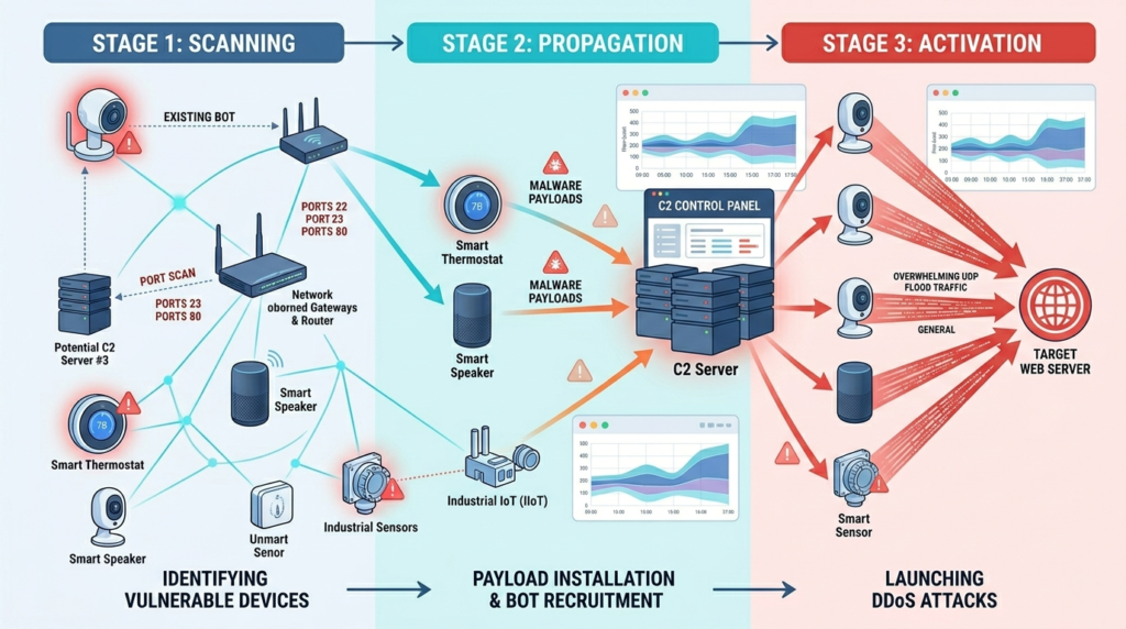 Detecting compromised IoT devices botnets during scanning, propagation, and DDoS attack stages