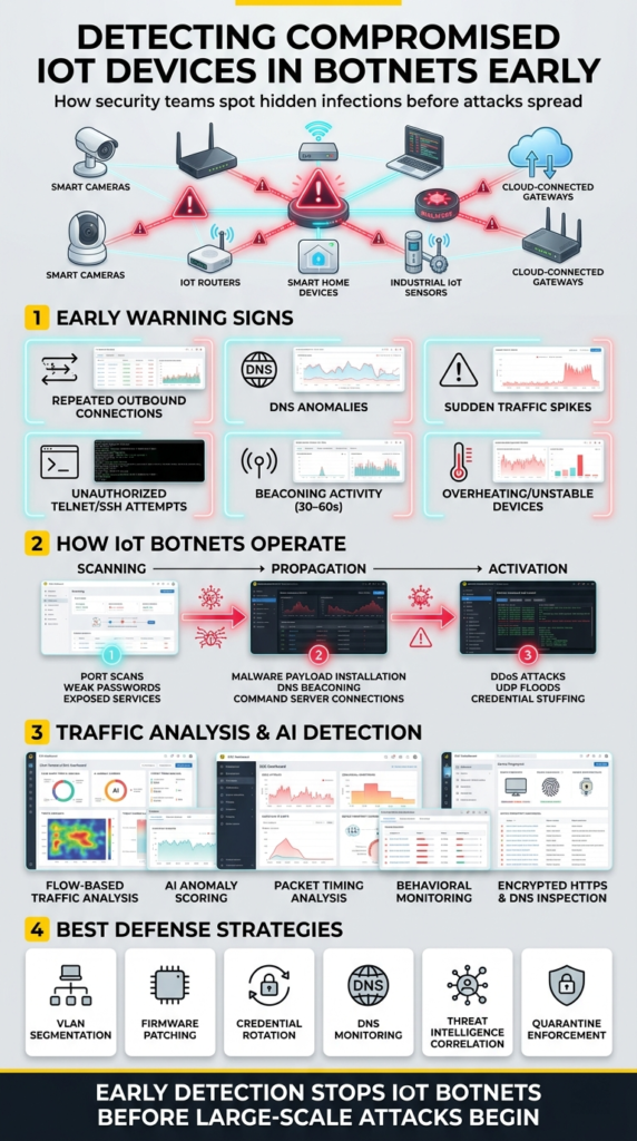 Infographic detecting compromised IoT devices botnets through flow analysis and anomaly detection