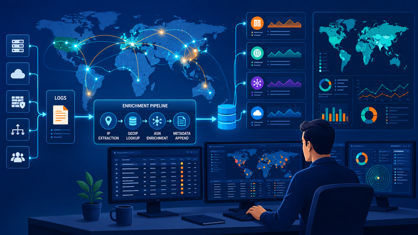 Enriching logs IP geolocation data with SIEM dashboards and global network traffic analytics