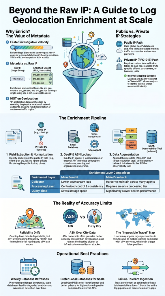 Enriching logs IP geolocation data with GeoIP workflows, ASN mapping, and pipeline diagrams