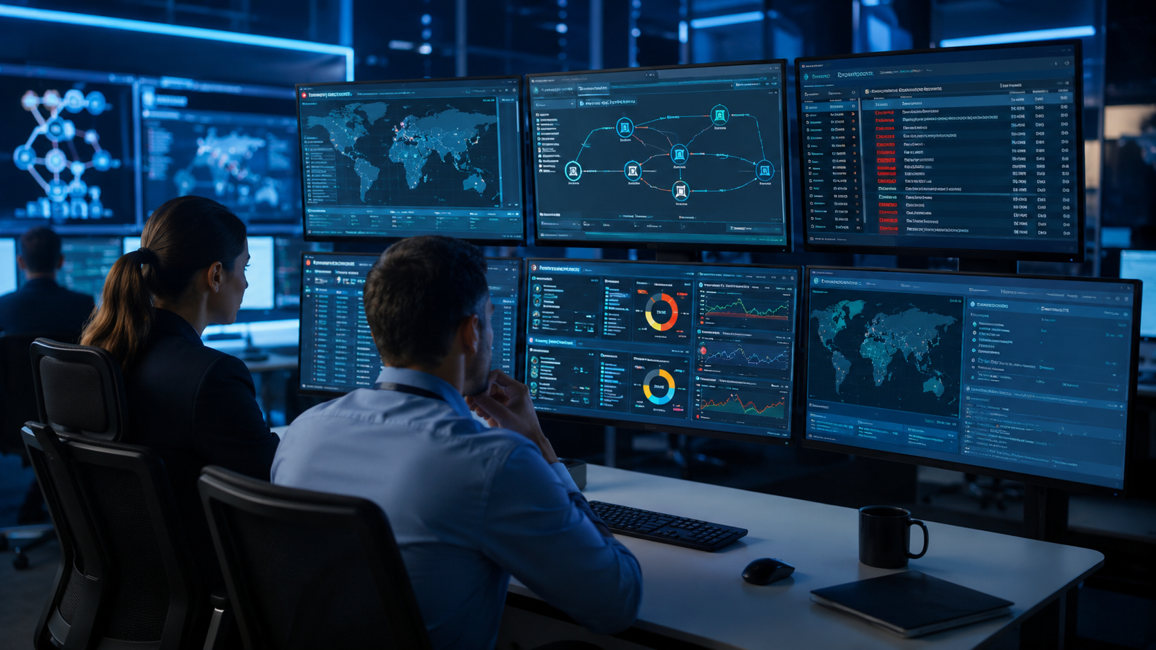 Importance security data enrichment context visualized in a modern SOC with analysts reviewing connected threat alerts