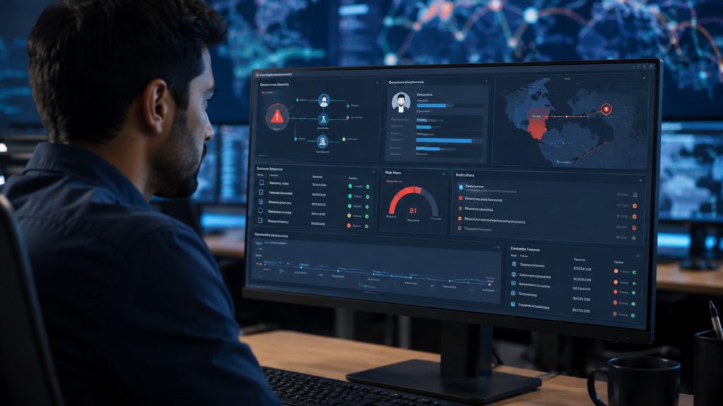 Cybersecurity analyst reviewing importance security data enrichment context through enriched login alert monitoring