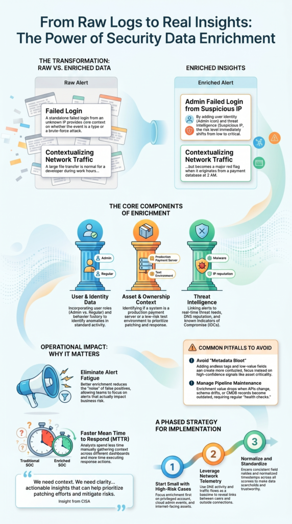 Infographic explaining importance security data enrichment context through enriched alerts and threat intelligence