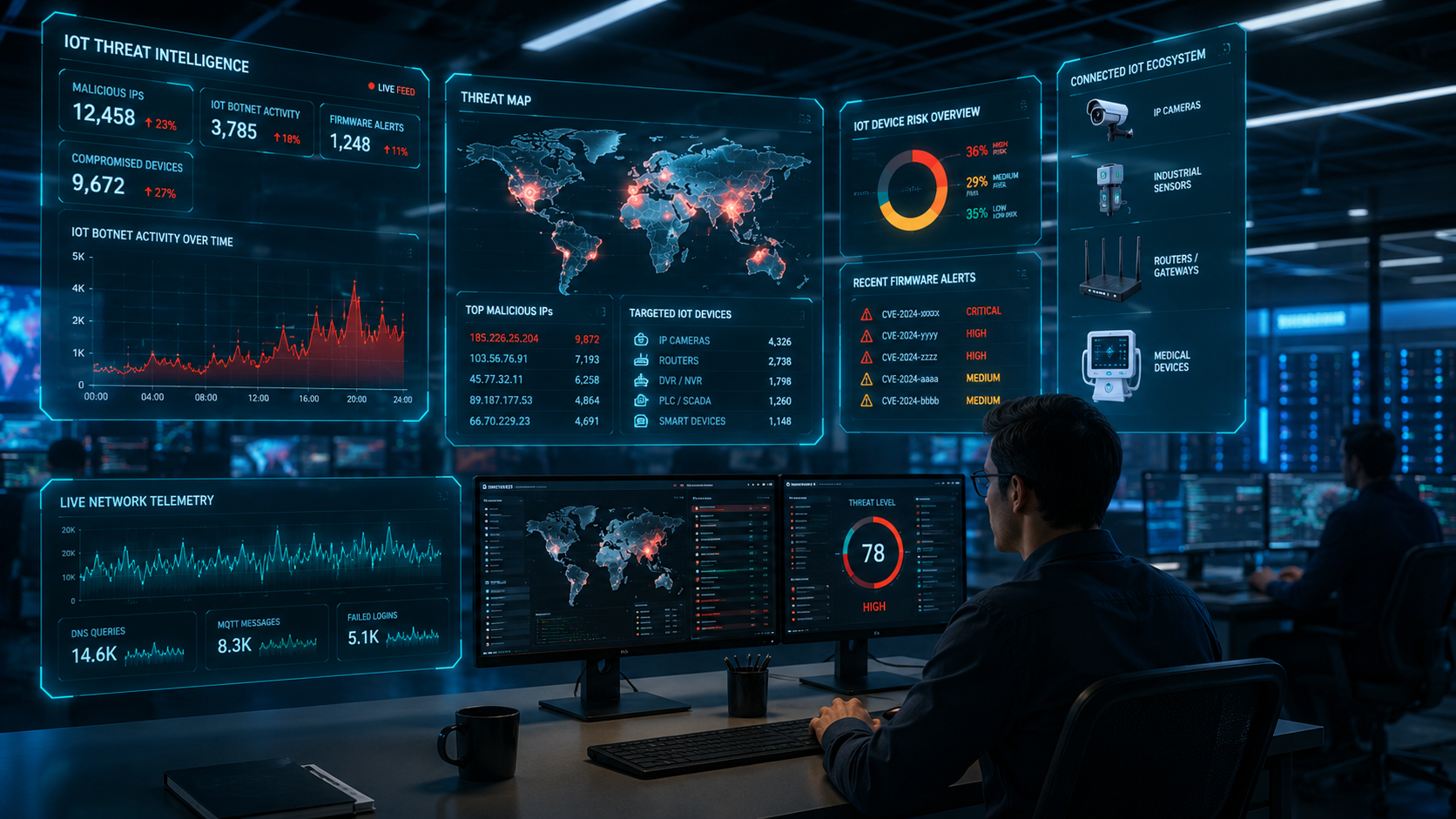 IoT-specific threat intelligence feeds monitoring botnet activity and firmware alerts in a modern SOC