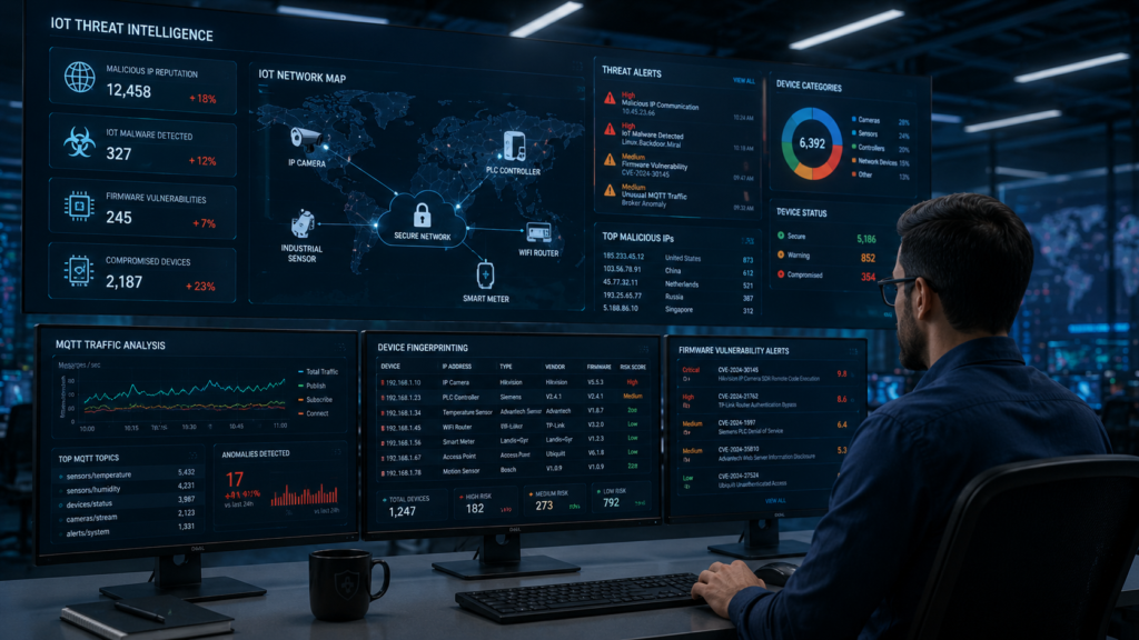 IoT-specific threat intelligence feeds analyzing MQTT traffic and device telemetry in real time