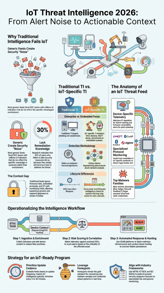 IoT-specific threat intelligence feeds infographic showing IoT malware detection and risk analysis