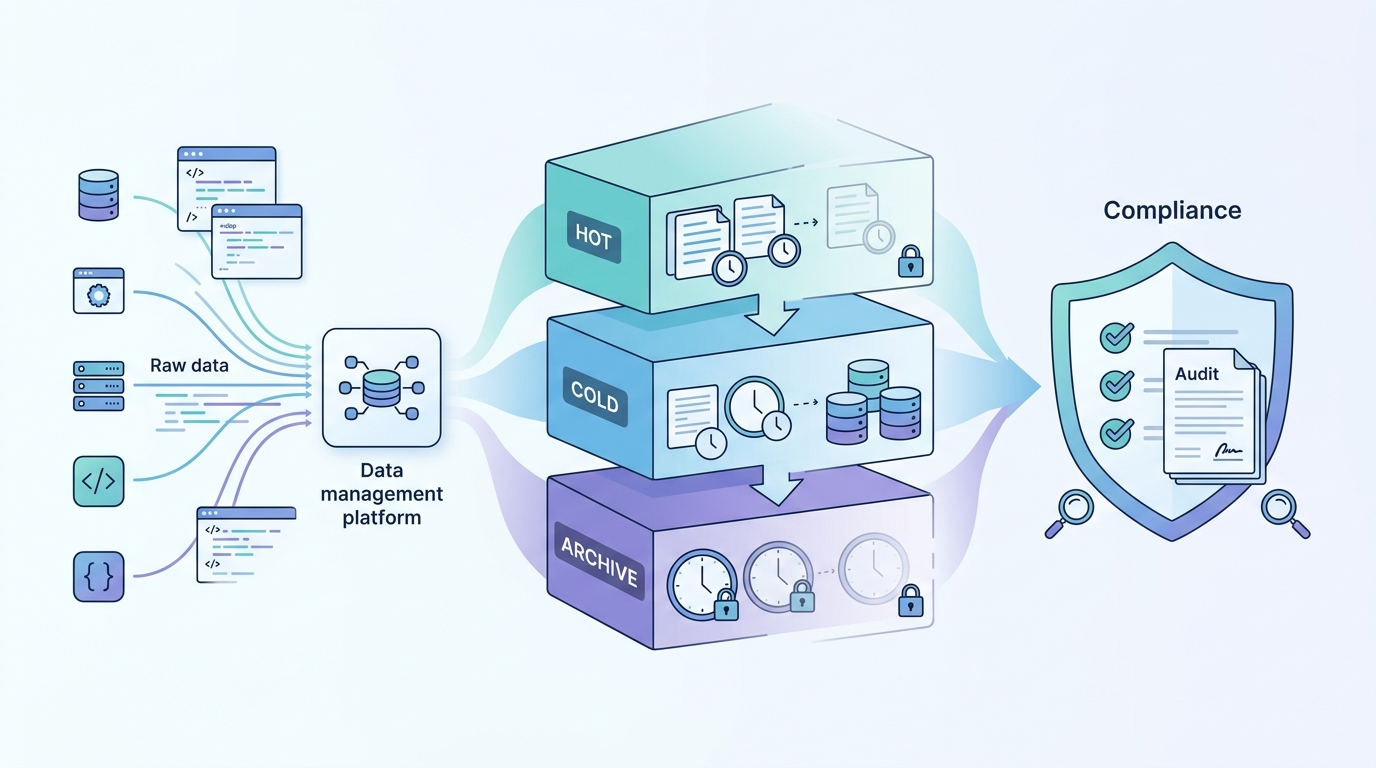 Log Storage Retention Policies Compliance diagram showing log flow, storage tiers, and compliance validation process