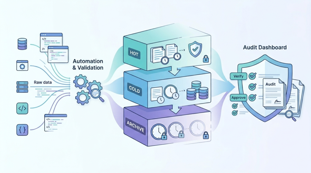 Log Storage Retention Policies Compliance workflow showing automated validation, storage tiers, and audit readiness