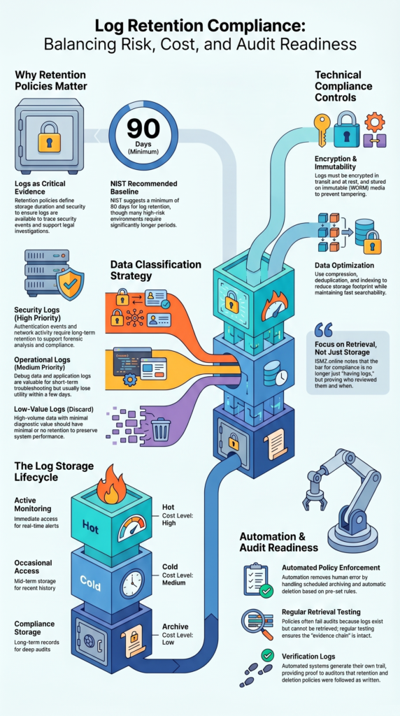 Log Storage Retention Policies Compliance infographic showing lifecycle, classification, and audit readiness