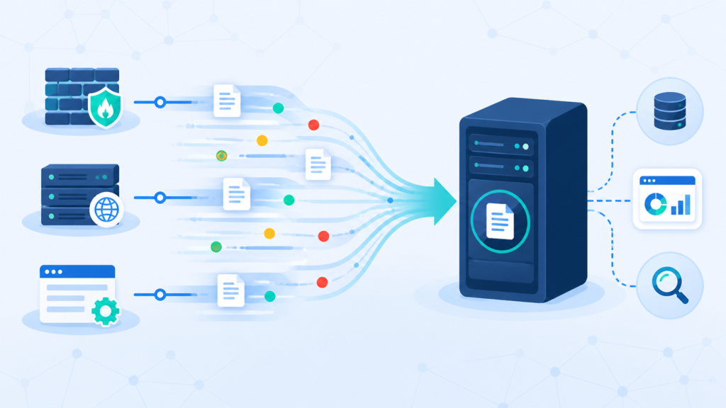 Log forwarding protocols Syslog SNMP comparison showing logs on left and metrics dashboards on right