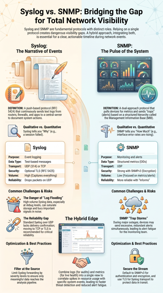 Log forwarding protocols Syslog SNMP infographic showing differences between logging and monitoring