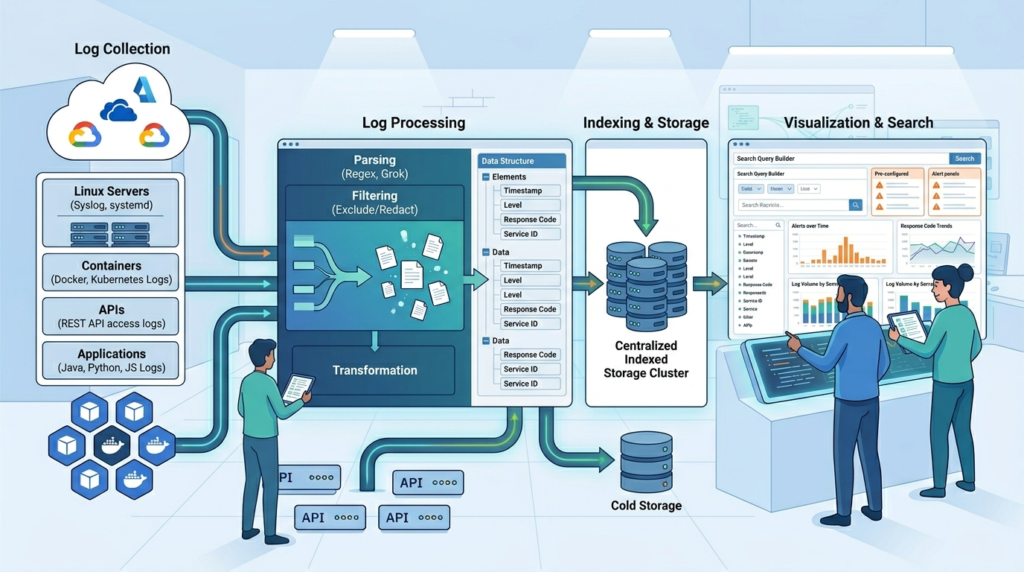 Open Source Log Management ELK Stack pipeline for log collection, processing, indexing, and search