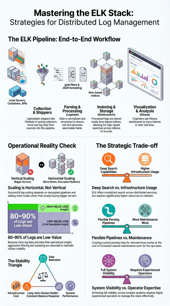 Open Source Log Management ELK Stack infographic for scaling, parsing, and operational visibility