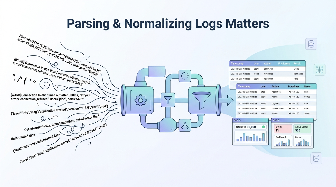 Parsing normalizing log data formats turning messy logs into structured dashboards through a clean pipeline