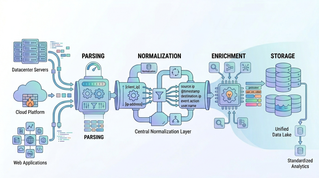 Parsing normalizing log data formats pipeline showing ingestion, parsing, normalization, enrichment, and storage flow