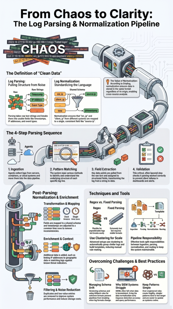 Parsing normalizing log data formats infographic showing steps from chaos to structured data and analysis