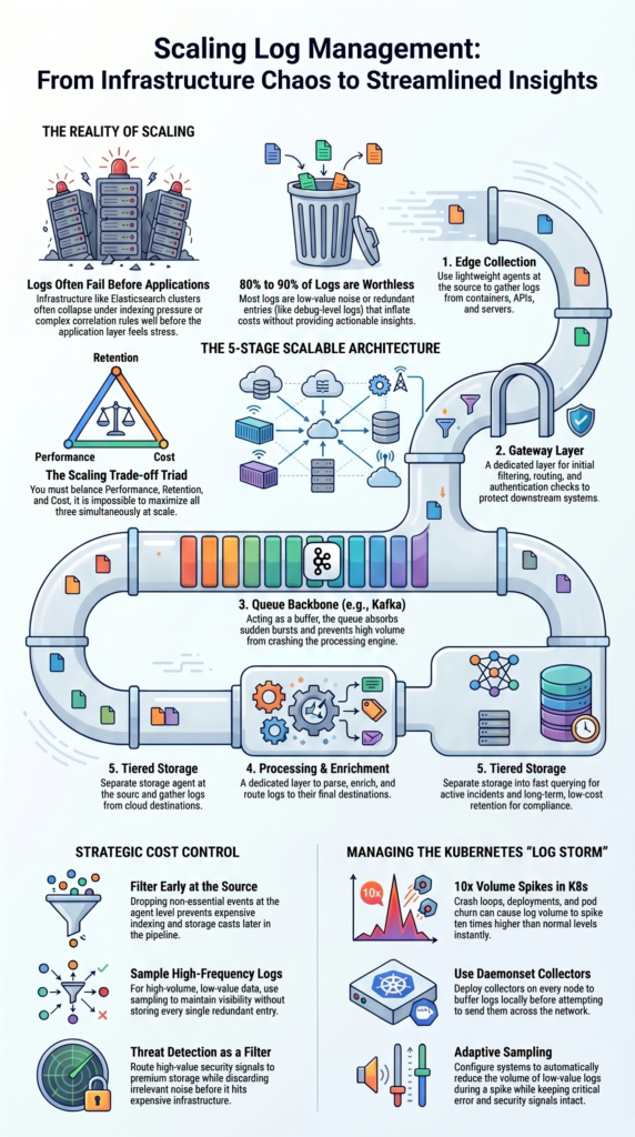 Scaling Log Management Infrastructure infographic showing scalable logging architecture and cost control