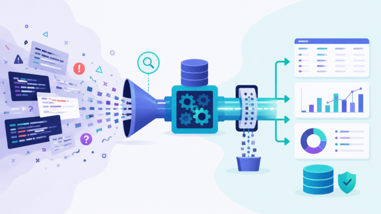 Searching analyzing large log volumes through pipeline transforming raw data into structured dashboards