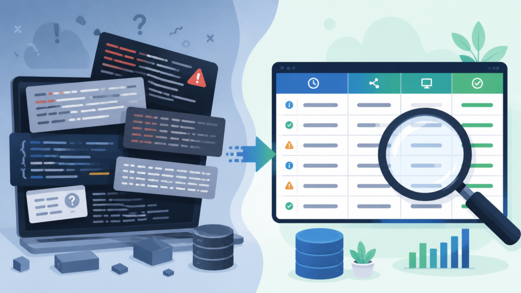 Searching analyzing large log volumes comparing unstructured logs and structured searchable data