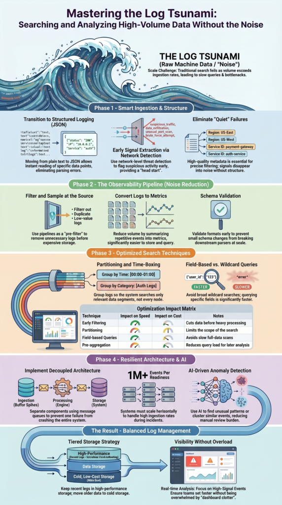 Searching analyzing large log volumes infographic with pipeline, filtering, and performance optimization