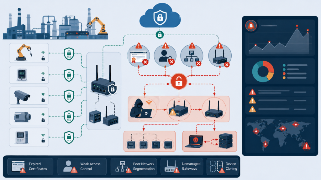 Securing IoT communication protocols MQTT CoAP diagram showing TLS failures and weak segmentation