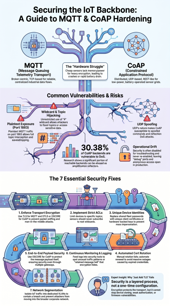 Securing IoT communication protocols MQTT CoAP infographic showing risks, encryption, and network hardening