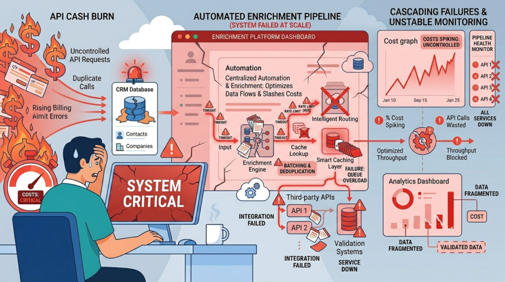 A critical system failure diagram showing risks of automating data enrichment processes without proper scaling and monitoring.
