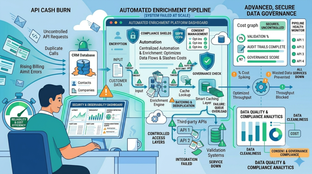 A secure pipeline illustrating automating data enrichment processes with GDPR compliance, encryption, and governance controls.