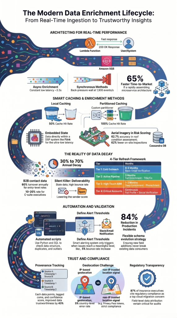 A full lifecycle infographic covering automating data enrichment processes from real-time ingestion to trust and compliance.