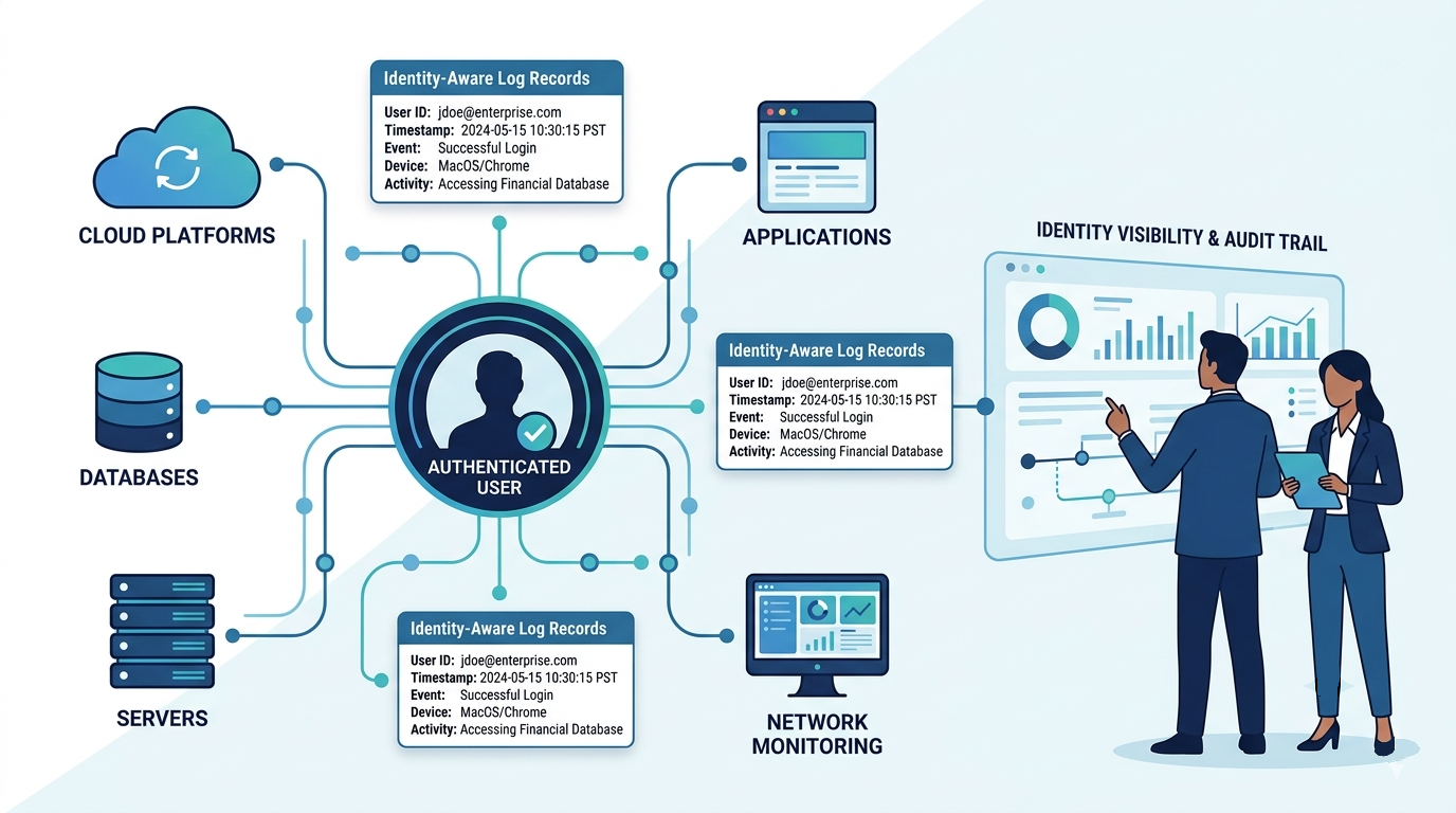 Adding user identity information logs connecting authenticated users to applications, databases, and monitoring systems