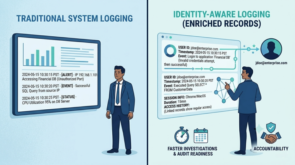 Adding user identity information logs compared with traditional logging for stronger user attribution and visibility