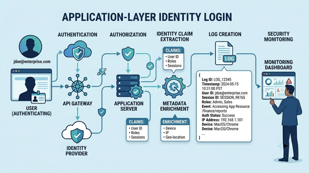 Adding user identity information logs through authentication, authorization, and application monitoring workflows