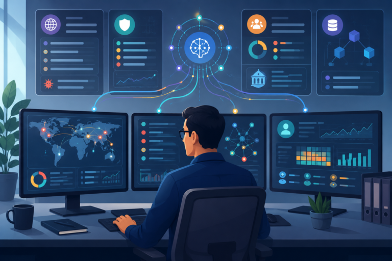 Analysis, Intelligence & Context (Provider Focus) illustration of an analyst reviewing connected security insights.