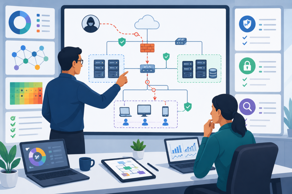 Analysis, Intelligence & Context (Provider Focus) showing proactive network threat modeling teamwork.