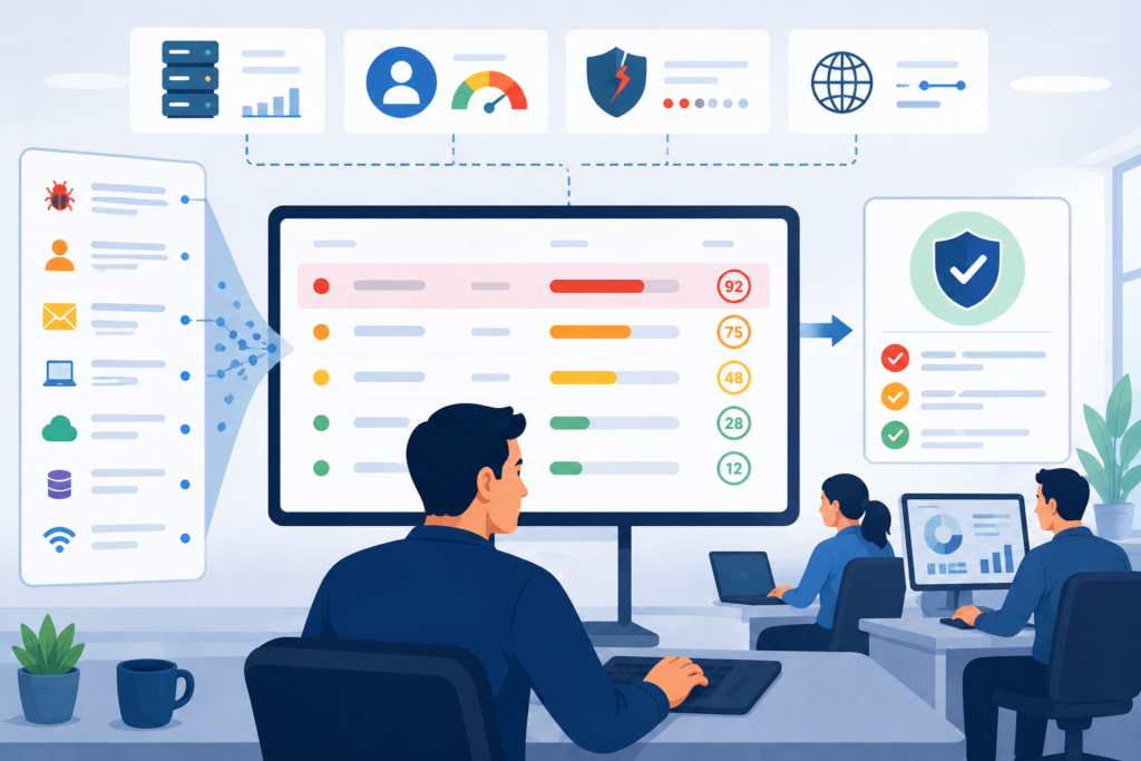 Analysis, Intelligence & Context (Provider Focus) showing analysts ranking security alerts by risk.