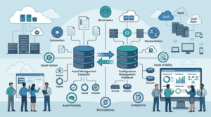 Asset management database integration CMDB showing synchronized asset and configuration data across IT systems