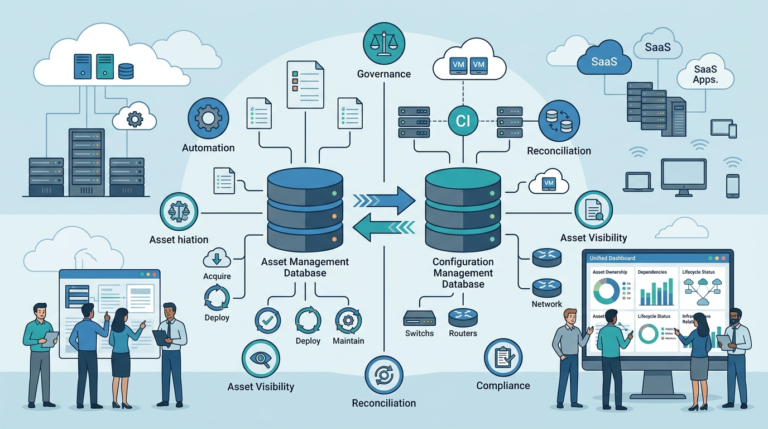 Asset management database integration CMDB showing synchronized asset and configuration data across IT systems