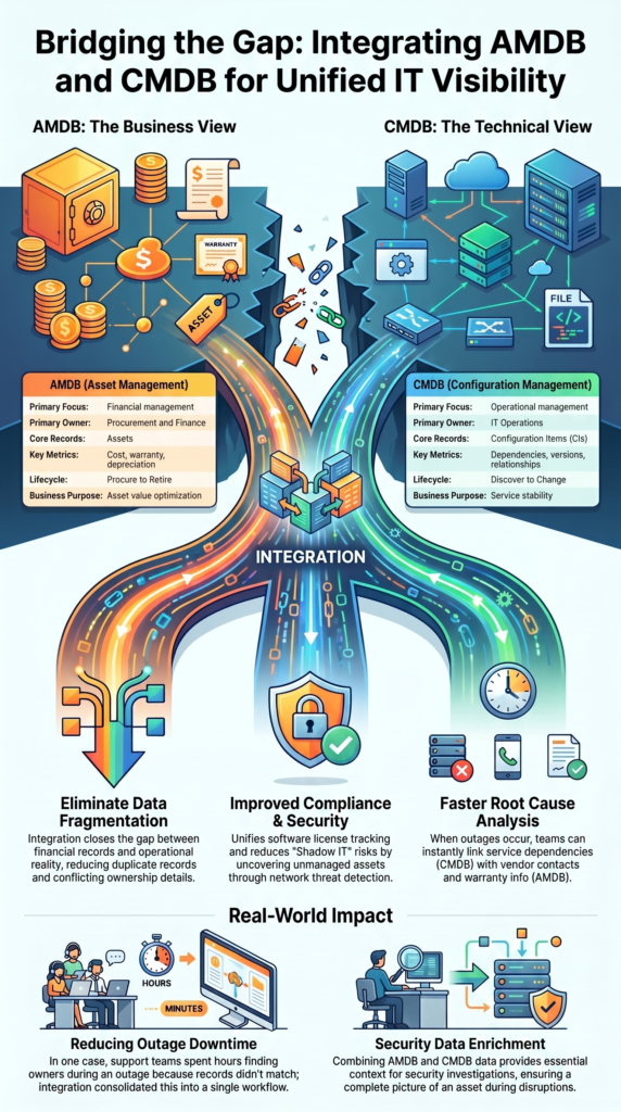 Asset management database integration CMDB connecting business asset records with operational infrastructure data