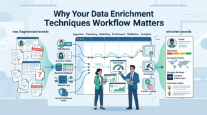 Data Enrichment Techniques Workflow connecting raw records to enriched profiles through validation and governance