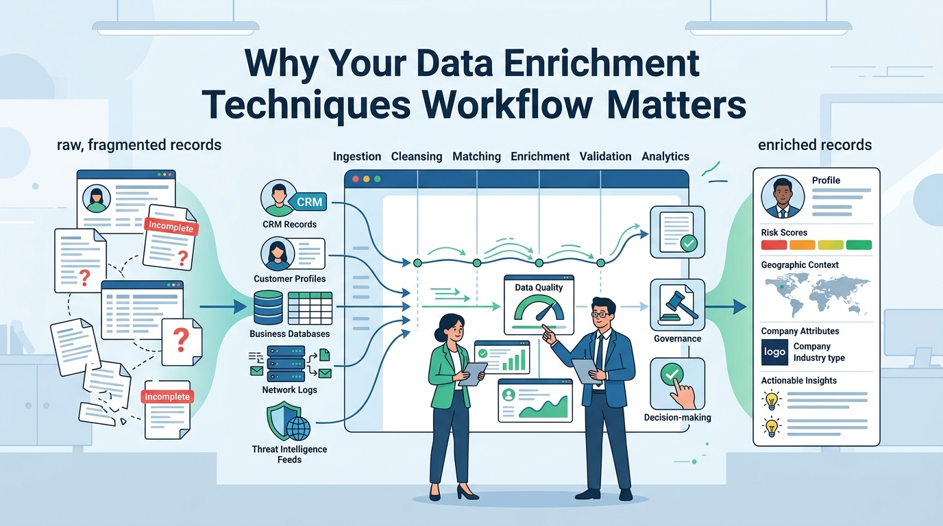 Data Enrichment Techniques Workflow connecting raw records to enriched profiles through validation and governance