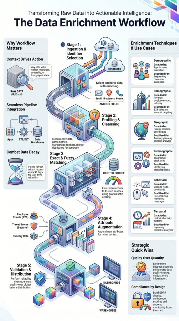 Data Enrichment Techniques Workflow turning fragmented records into enriched data for analytics and decision-making