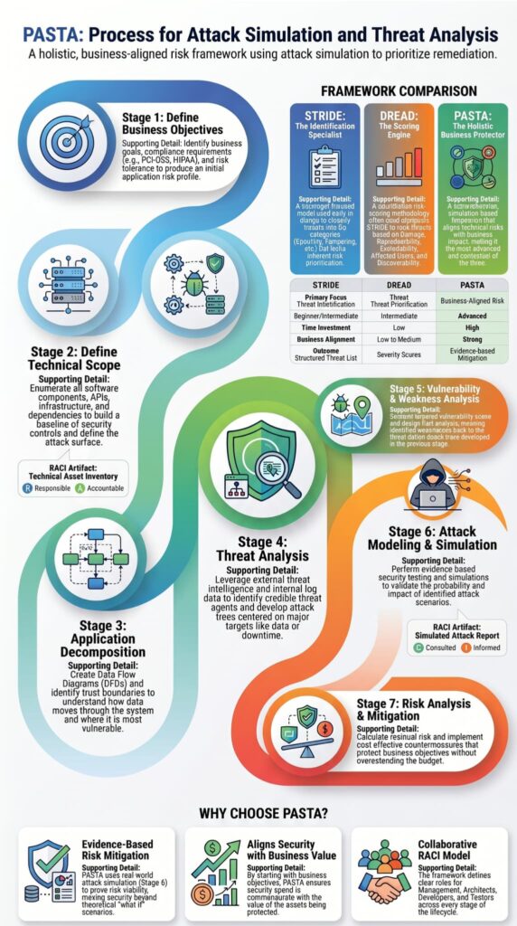 Infographic detailing the pasta threat modeling framework overview across 7 stages from business objectives to risk mitigation.