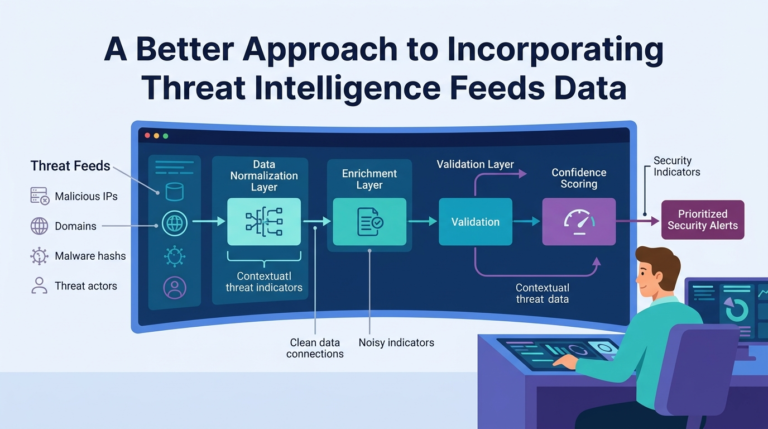 Incorporating threat intelligence feeds data through normalization, enrichment, validation, and confidence scoring.