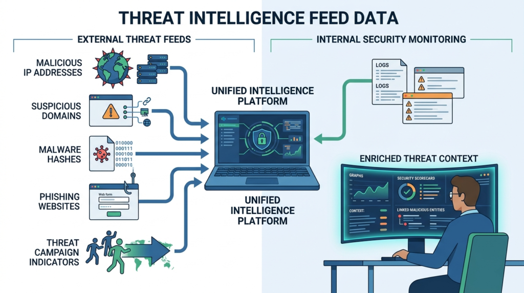 Incorporating threat intelligence feeds data from malicious IPs, domains, and phishing indicators into analysis.