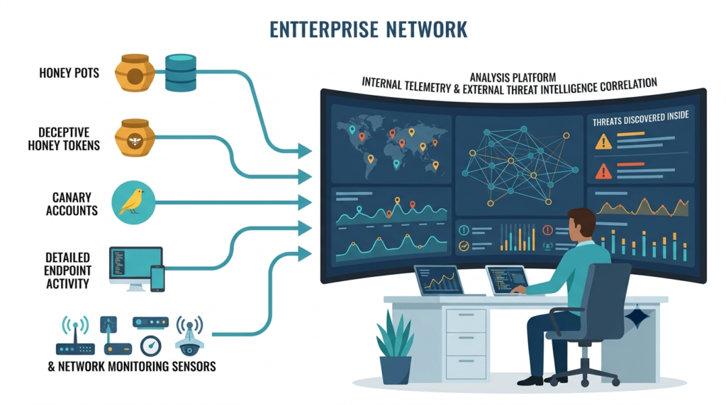 Incorporating threat intelligence feeds data with internal telemetry from honeypots and network monitoring systems.