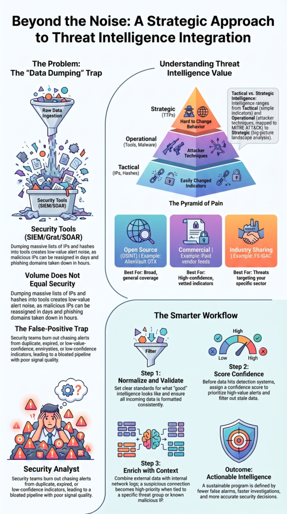 Incorporating threat intelligence feeds data with validation, enrichment, and confidence scoring workflows.